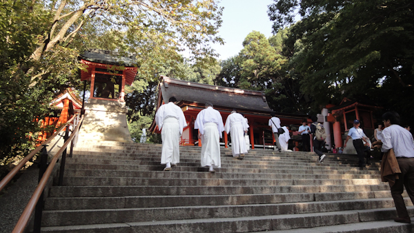 three people in white robes ascend a set of stairs further into the temple grounds